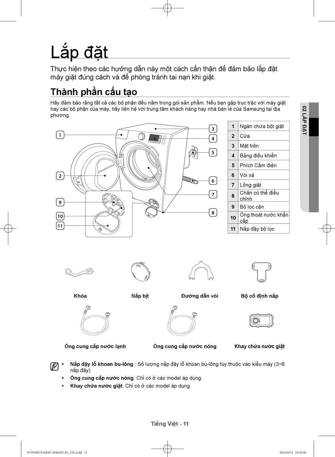 Samsung WW95H7410EW/SV manual Lắp đặt, Thành phần cấ́u tạo, Đặt 