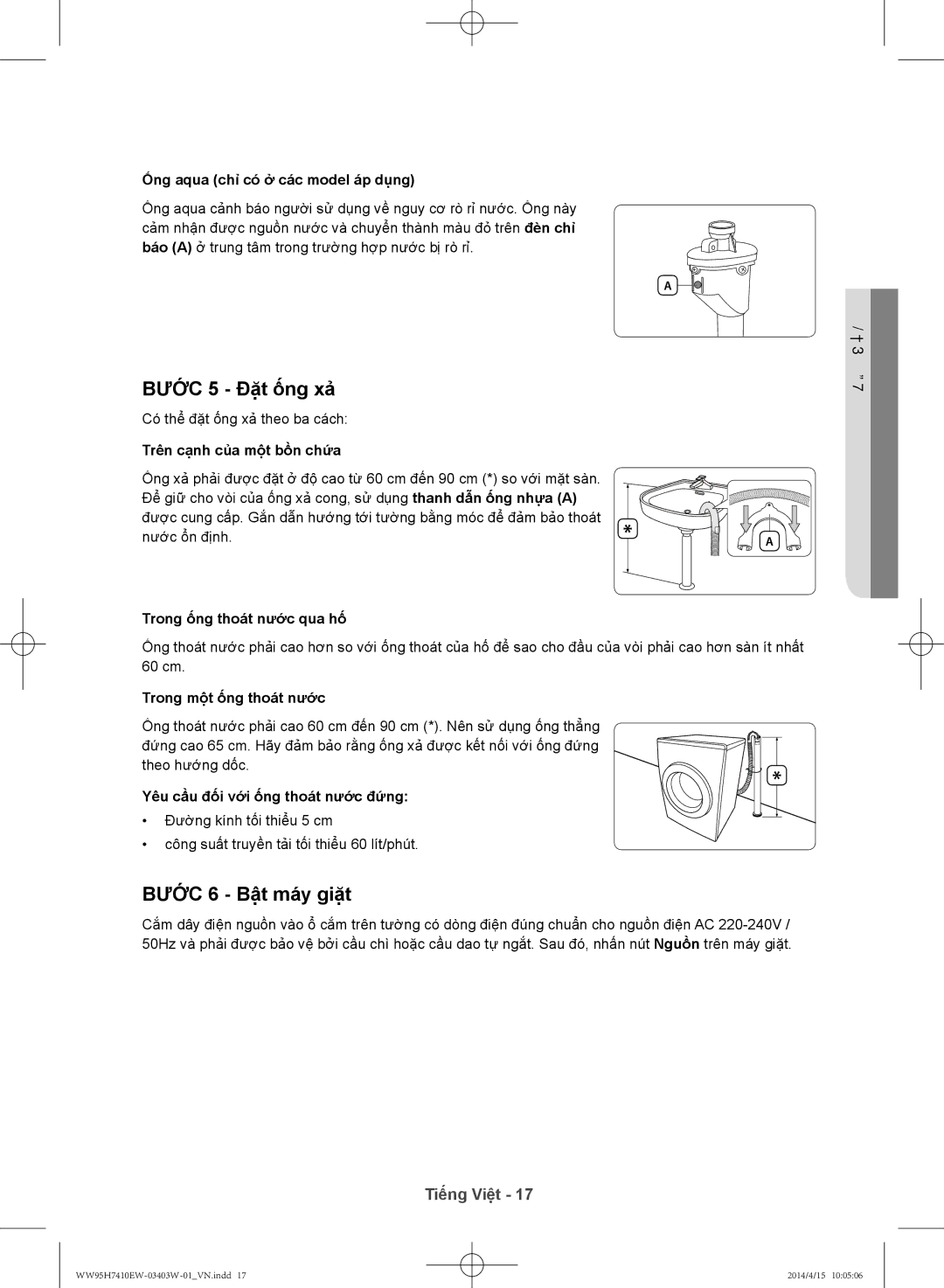 Samsung WW95H7410EW/SV manual Bước 5 Đặt ống xả, Bước 6 Bậ̣t má́y giặt 