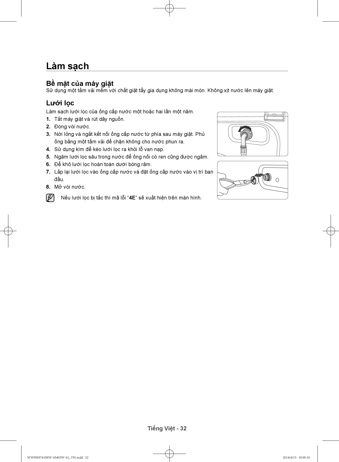 Samsung WW95H7410EW/SV manual Làm sạch, Bề mặt của má́y giặt, Lưới lọ̣c 