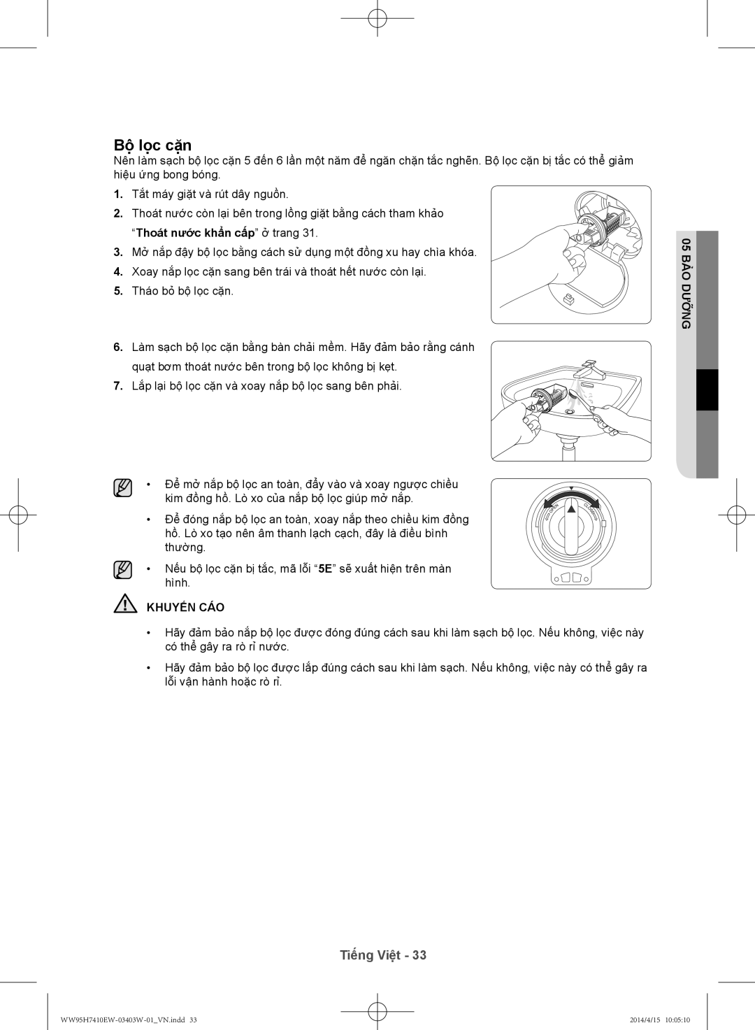 Samsung WW95H7410EW/SV manual Bộ̣ lọ̣c cặn, Thoá́t nước khẩn cấ́p ở trang 