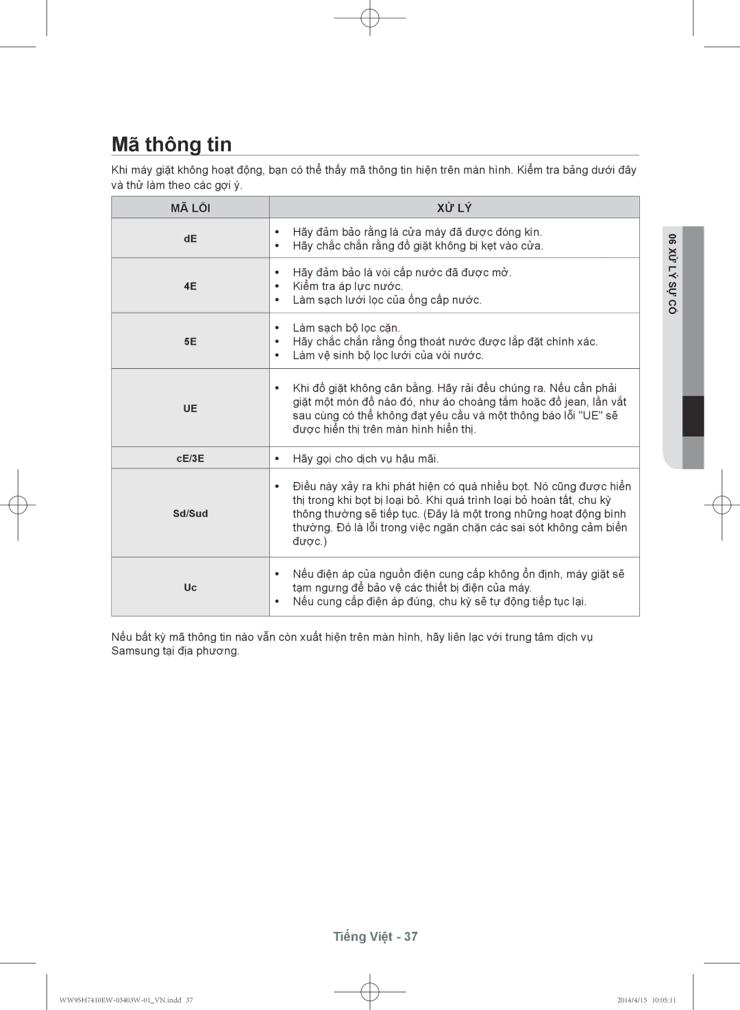 Samsung WW95H7410EW/SV manual Mã̃ thông tin, Mã Lỗi Xử Lý 