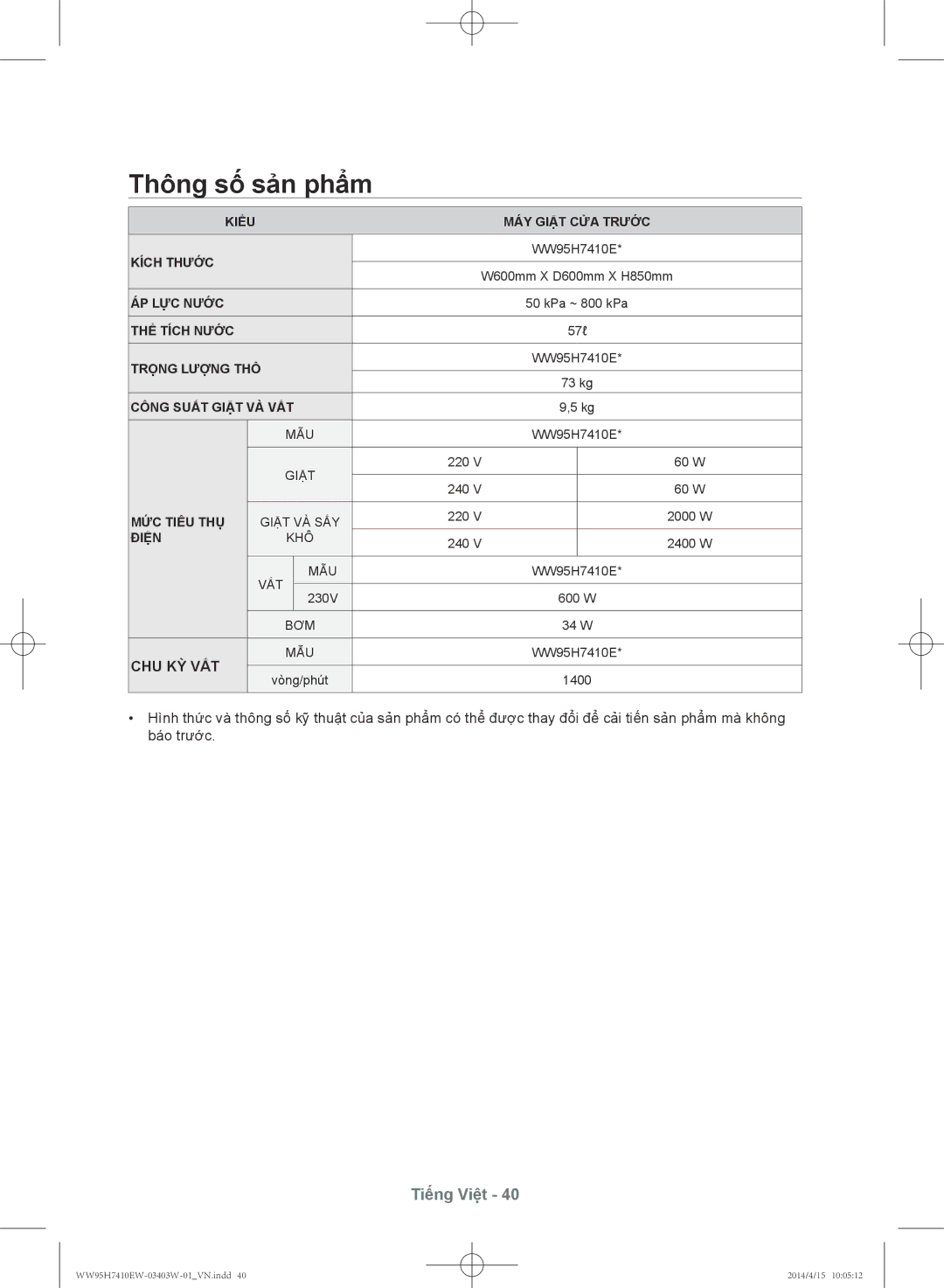 Samsung WW95H7410EW/SV manual Thông số sản phẩm, Chu Kỳ Vắt 