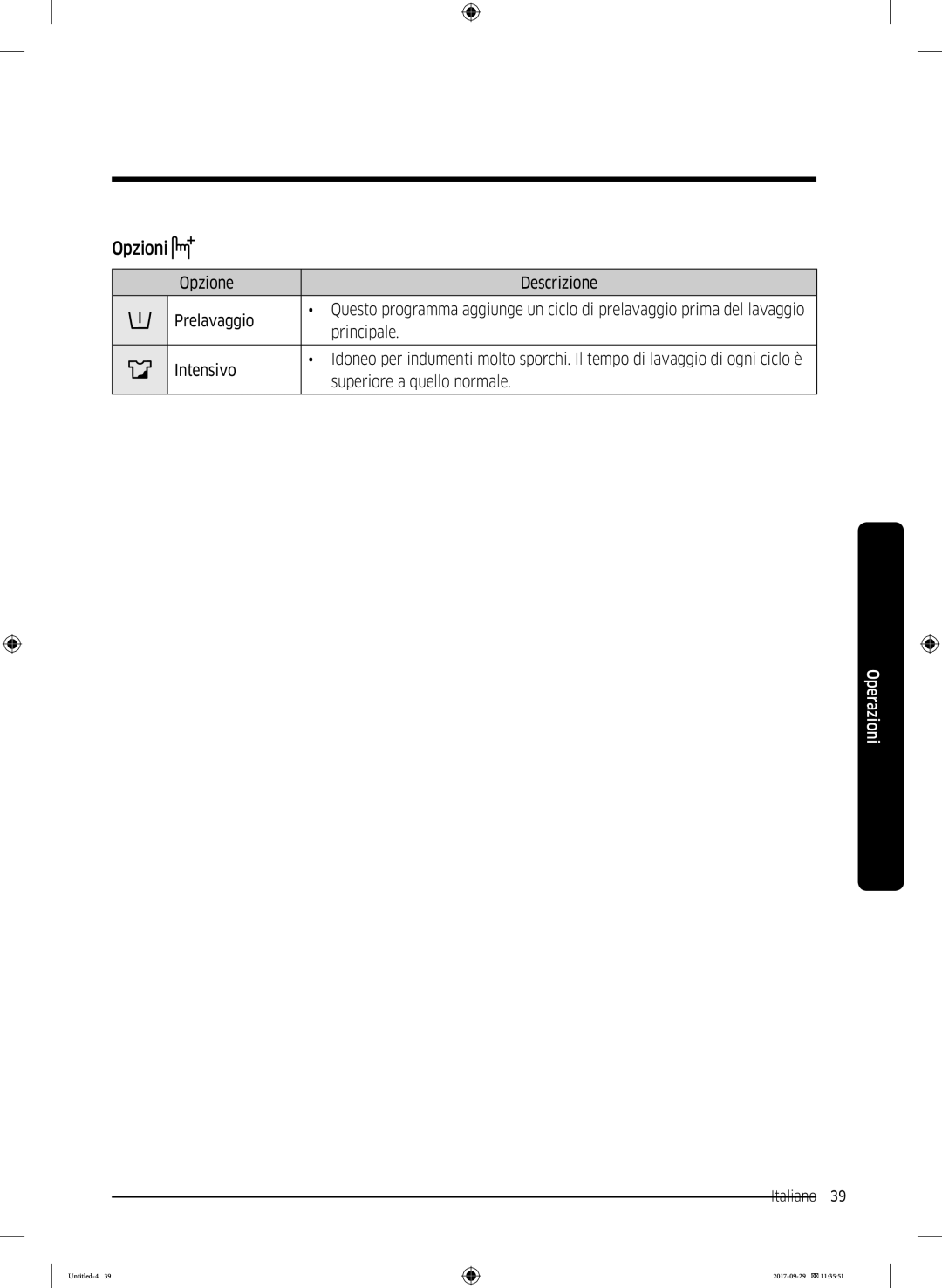 Samsung WW93J5255MW/ET, WW95J5445FW/ET manual Opzioni 