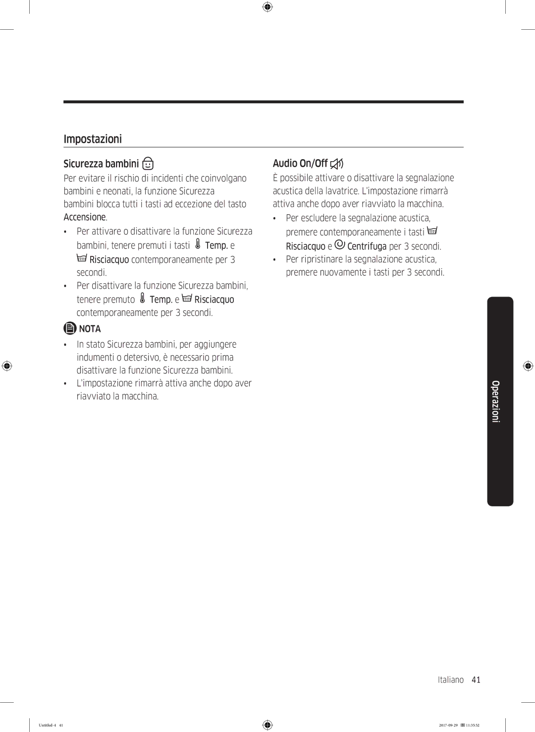 Samsung WW93J5255MW/ET, WW95J5445FW/ET manual Impostazioni, Sicurezza bambini, Audio On/Off 