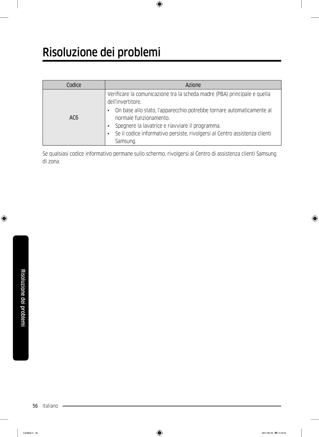 Samsung WW95J5445FW/ET, WW93J5255MW/ET manual Codice Azione 