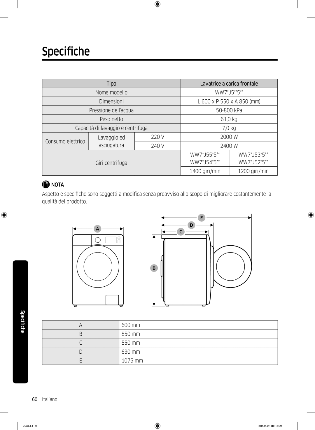 Samsung WW95J5445FW/ET, WW93J5255MW/ET manual Capacità di lavaggio e centrifuga Consumo elettrico 