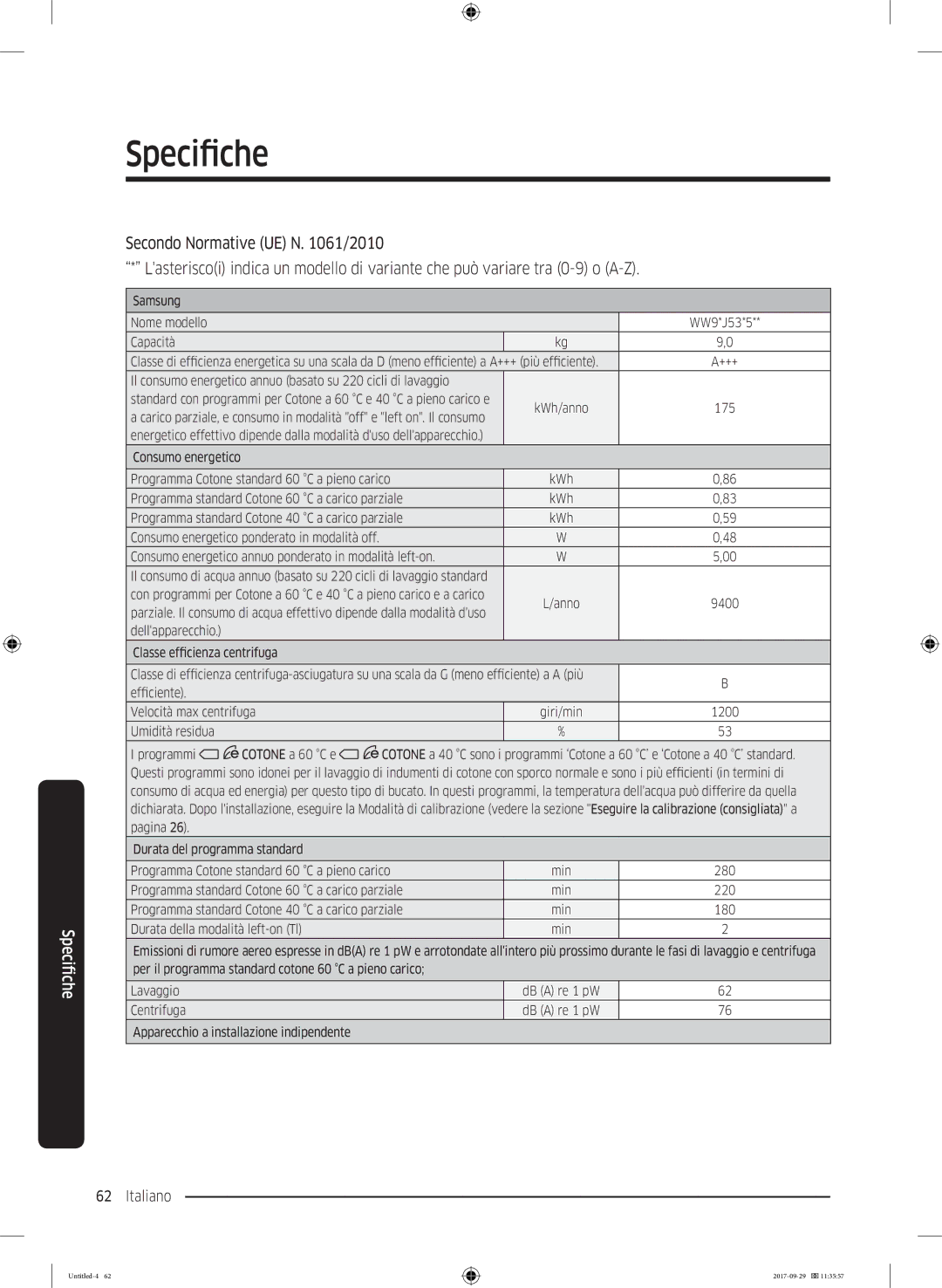 Samsung WW95J5445FW/ET, WW93J5255MW/ET manual Samsung Nome modello WW9*J53*5 Capacità 