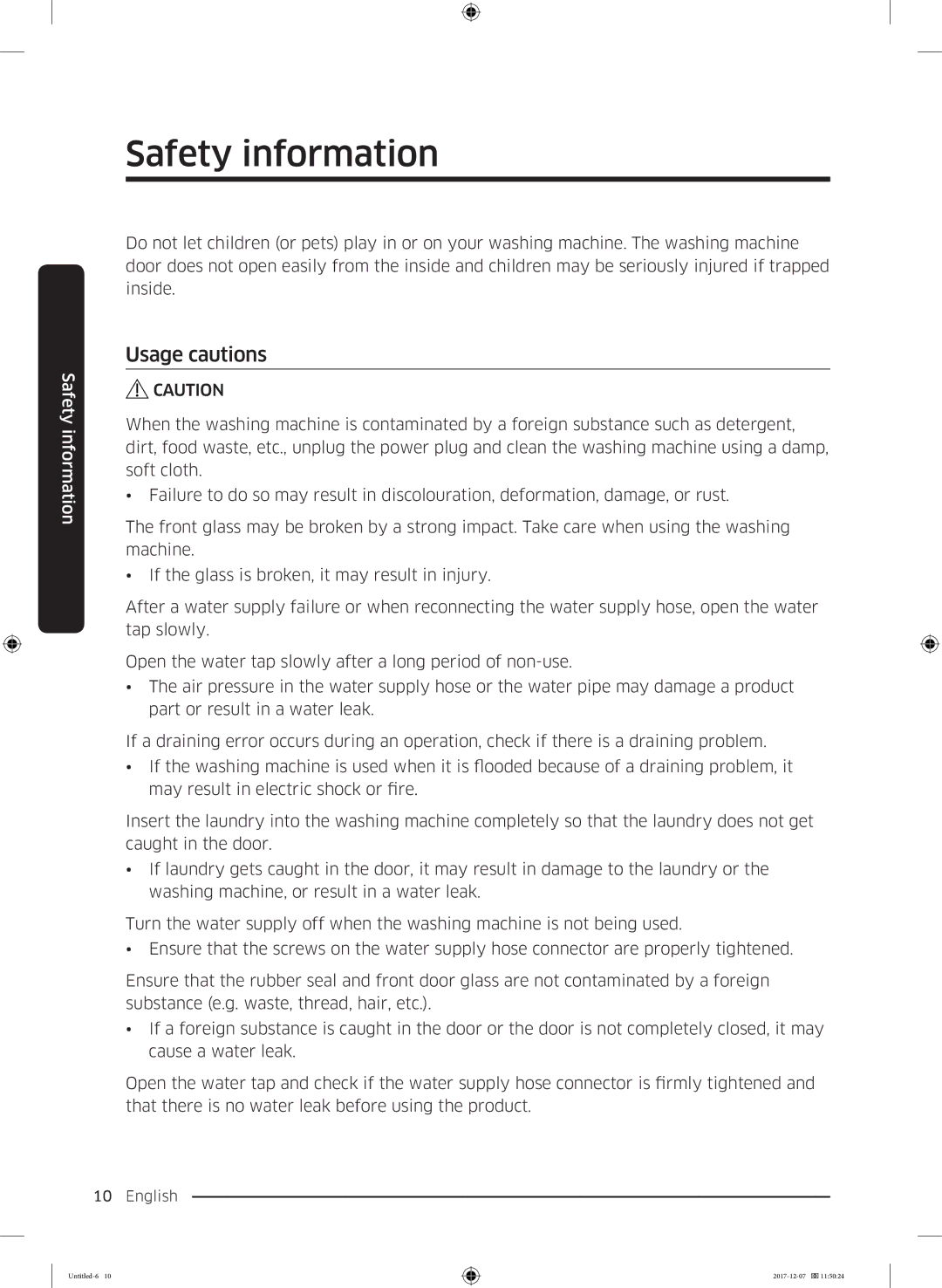 Samsung WW9SJ5345DW/KJ manual Usage cautions 