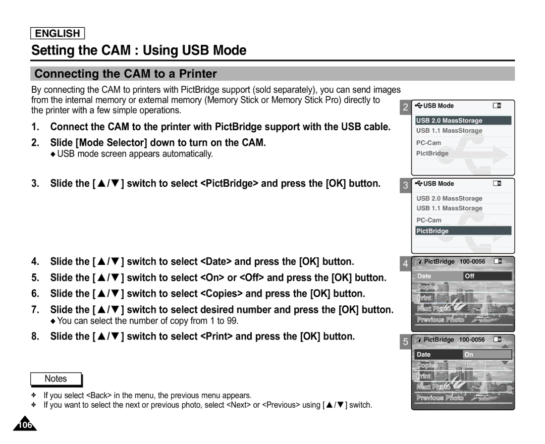 Samsung X110(L), SC-X105(L) Connecting the CAM to a Printer, Slide the / switch to select Date and press the OK button 