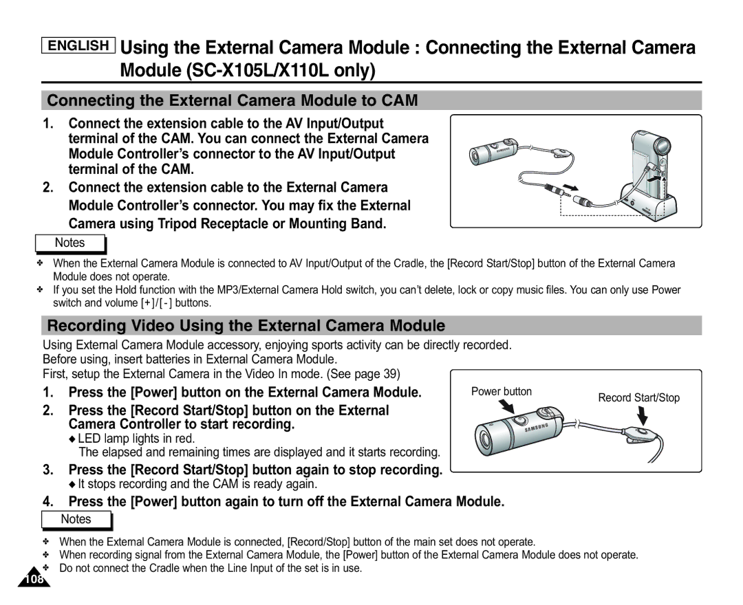 Samsung X110(L), SC-X105(L) Connecting the External Camera Module to CAM, Recording Video Using the External Camera Module 