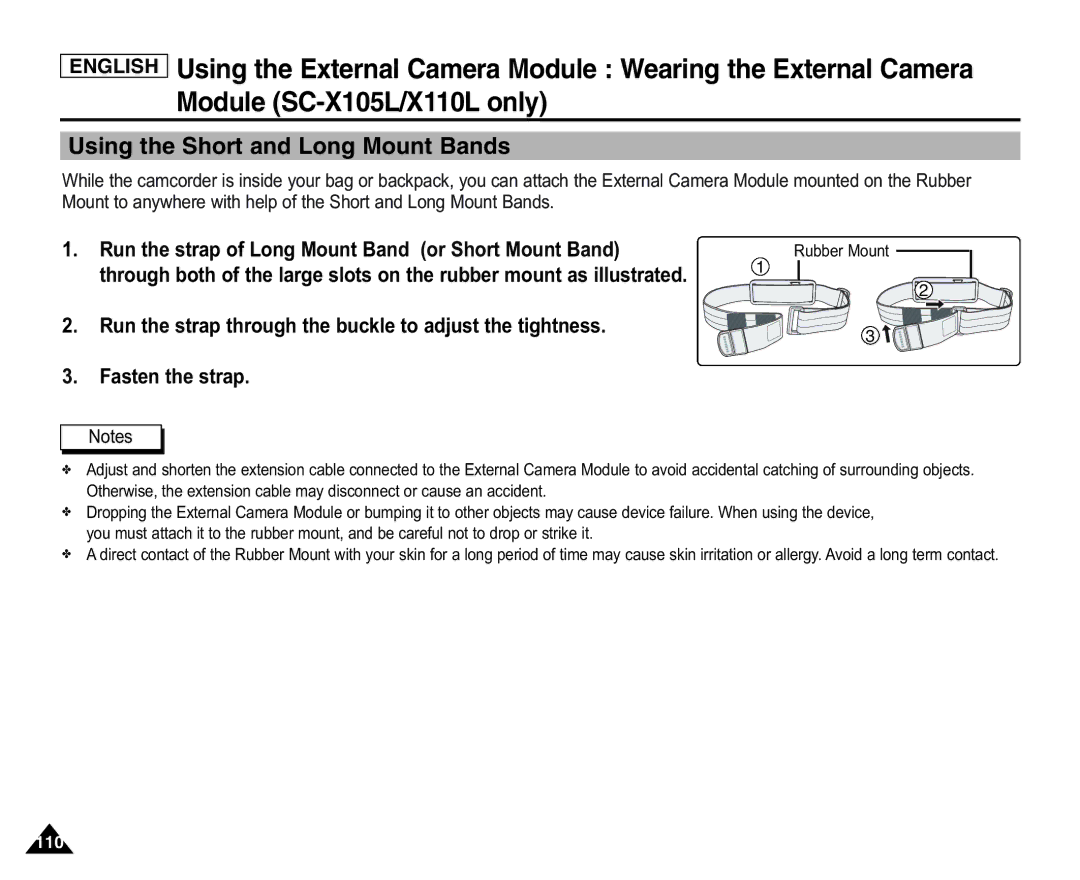 Samsung X110(L), SC-X105(L) Using the Short and Long Mount Bands, Run the strap of Long Mount Band or Short Mount Band 