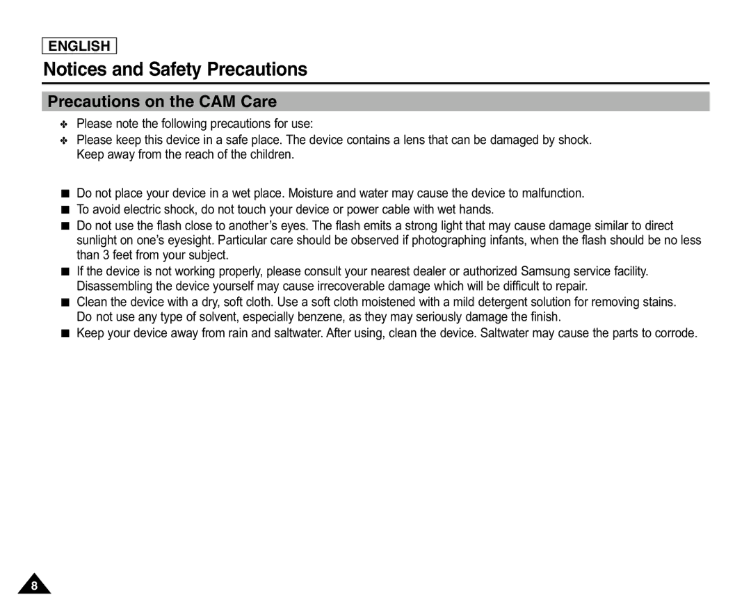 Samsung X110(L), SC-X105(L) manual Precautions on the CAM Care 