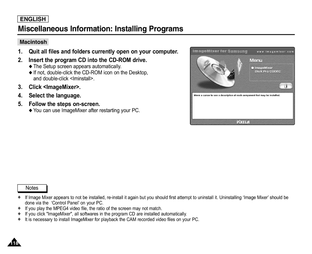 Samsung X110(L), SC-X105(L) manual Macintosh, You can use ImageMixer after restarting your PC 