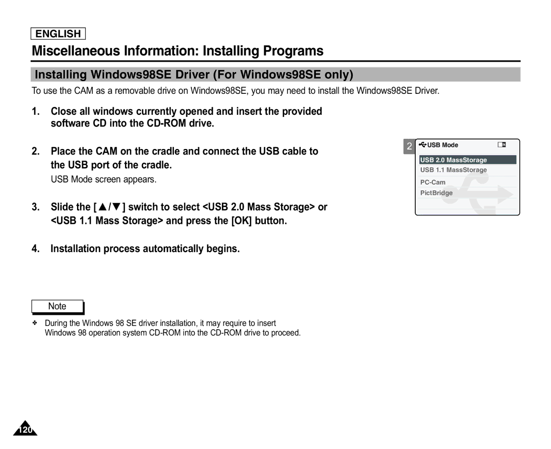 Samsung X110(L), SC-X105(L) Installing Windows98SE Driver For Windows98SE only, Installation process automatically begins 