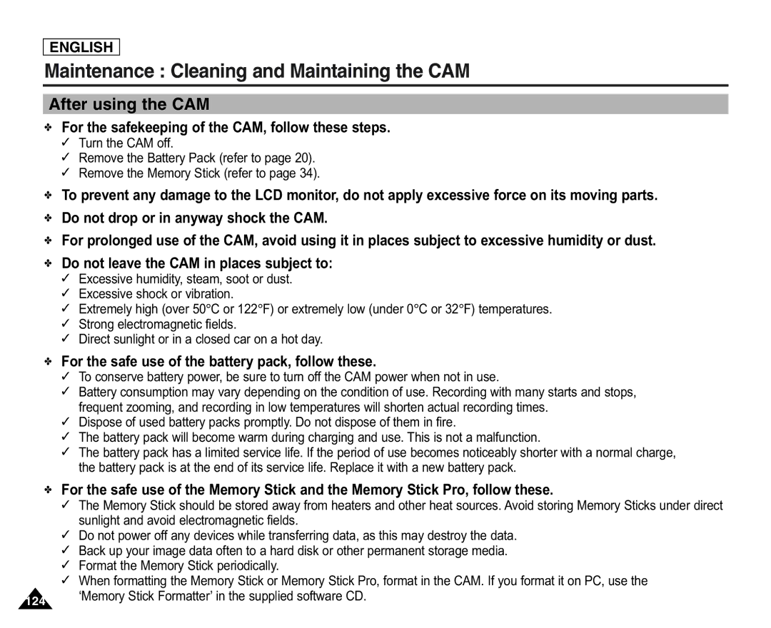 Samsung X110(L), SC-X105(L) manual Maintenance Cleaning and Maintaining the CAM, After using the CAM 