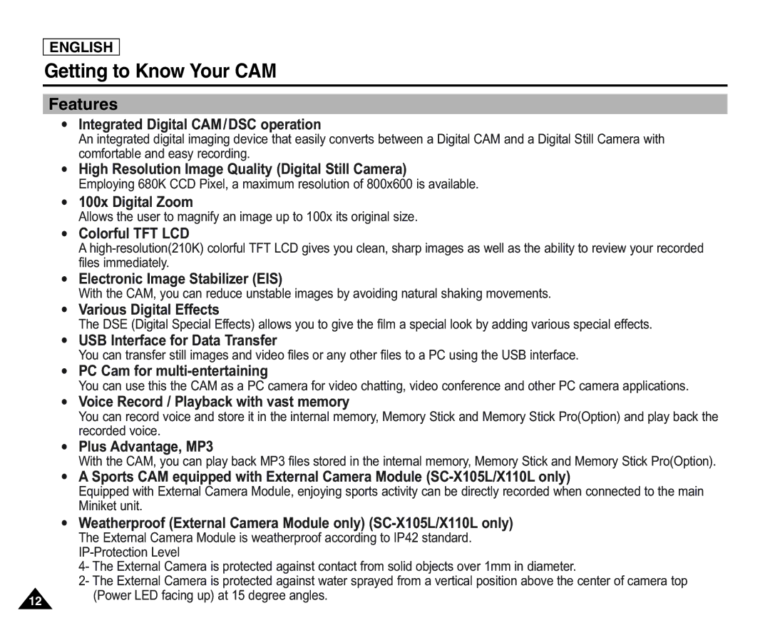 Samsung X110(L), SC-X105(L) manual Getting to Know Your CAM, Features 