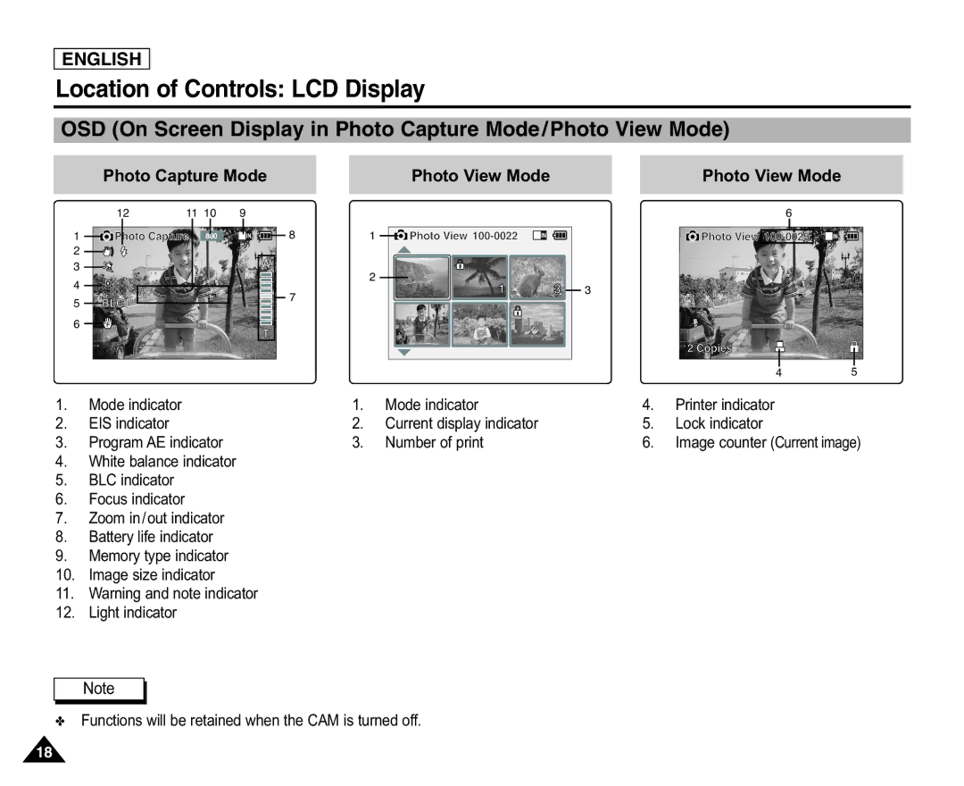 Samsung X110(L) manual OSD On Screen Display in Photo Capture Mode/Photo View Mode, Photo Capture Mode Photo View Mode 