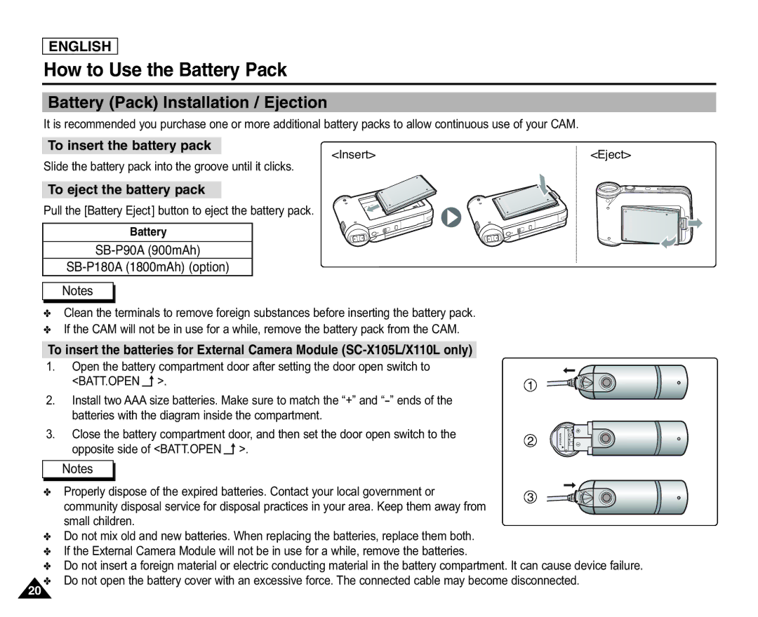 Samsung X110(L), SC-X105(L) How to Use the Battery Pack, Battery Pack Installation / Ejection, To insert the battery pack 