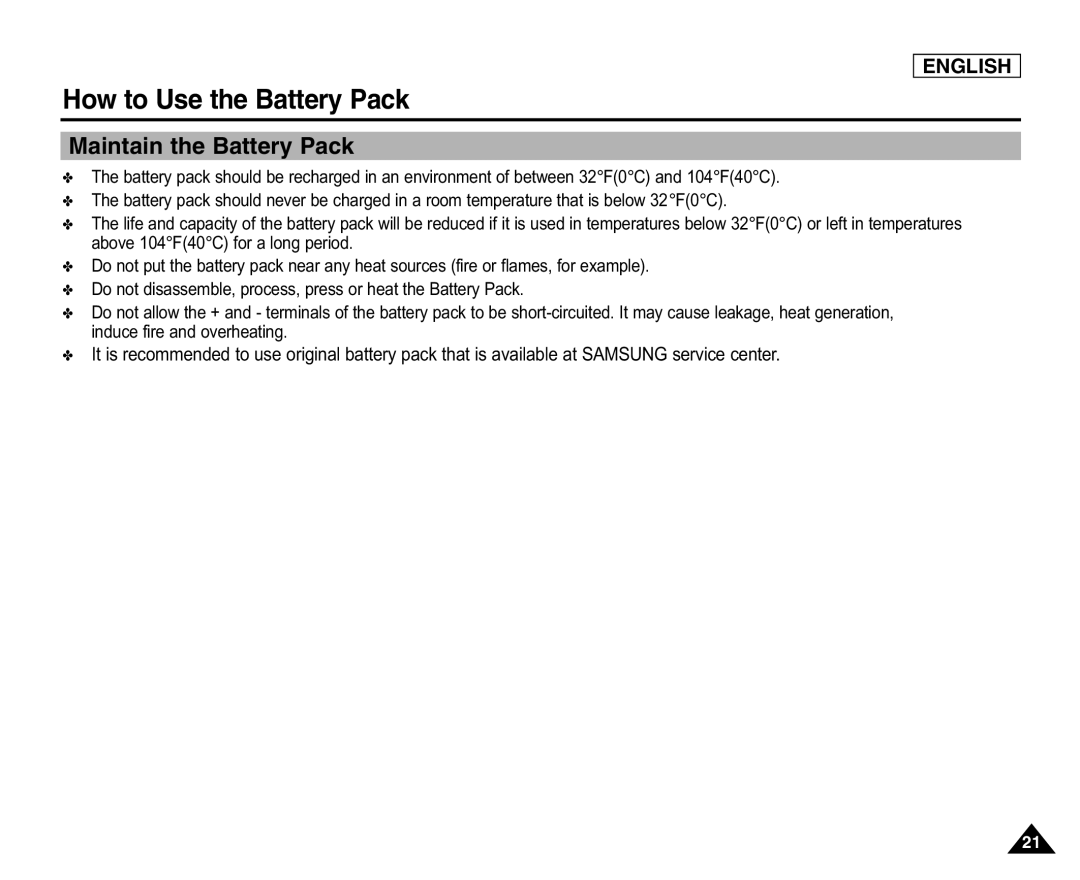 Samsung SC-X105(L), X110(L) manual Maintain the Battery Pack 