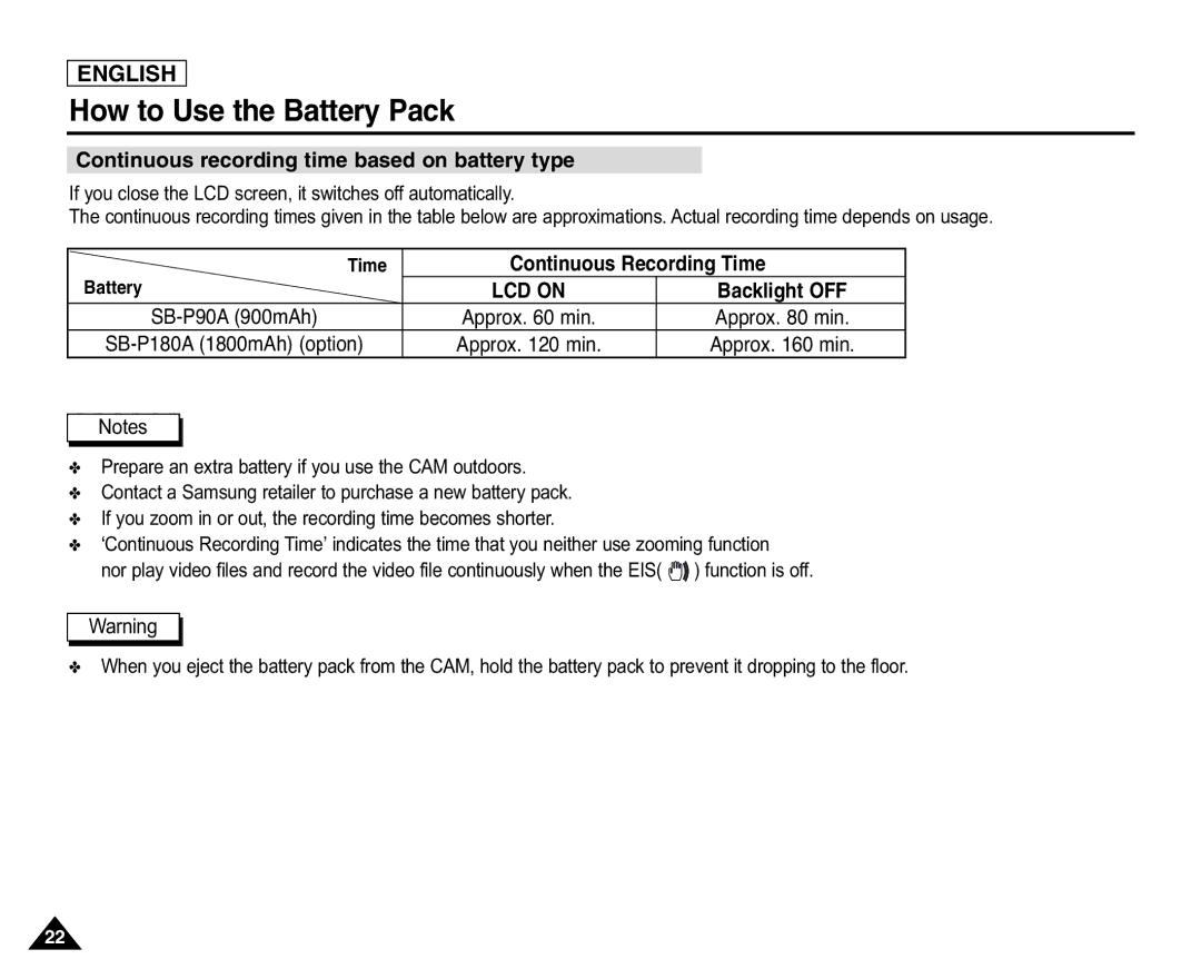 Samsung X110(L), SC-X105(L) manual Continuous recording time based on battery type, Continuous Recording Time 