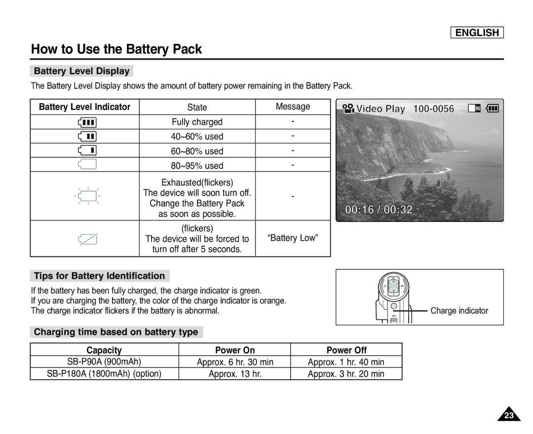 Samsung SC-X105(L), X110(L) manual 0016, Battery Level Display, Battery Level Indicator, Tips for Battery Identification 