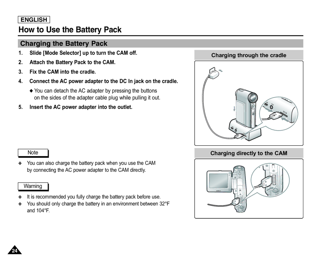 Samsung X110(L), SC-X105(L) manual Charging the Battery Pack 