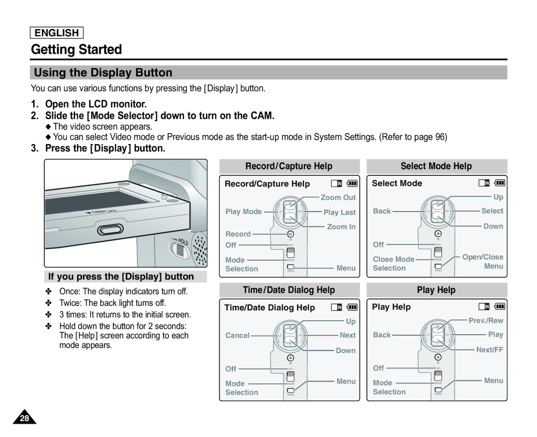 Samsung X110(L), SC-X105(L) manual Using the Display Button, Press the Display button, Record/Capture Help Select Mode Help 