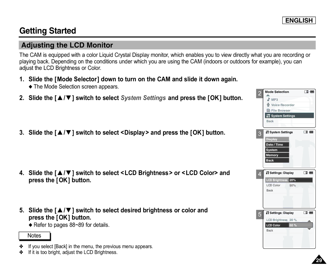 Samsung SC-X105(L), X110(L) Adjusting the LCD Monitor, Mode Selection screen appears, Refer to pages 88~89 for details 