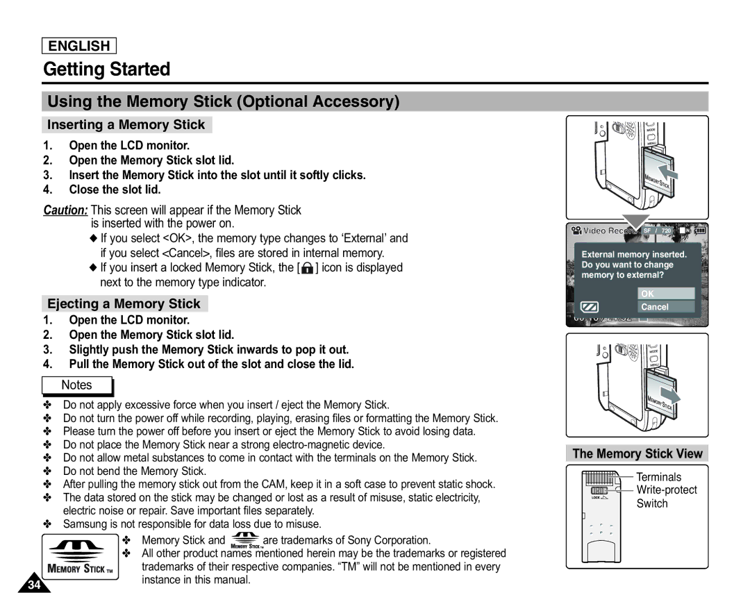 Samsung X110(L), SC-X105(L) Using the Memory Stick Optional Accessory, Inserting a Memory Stick, Ejecting a Memory Stick 