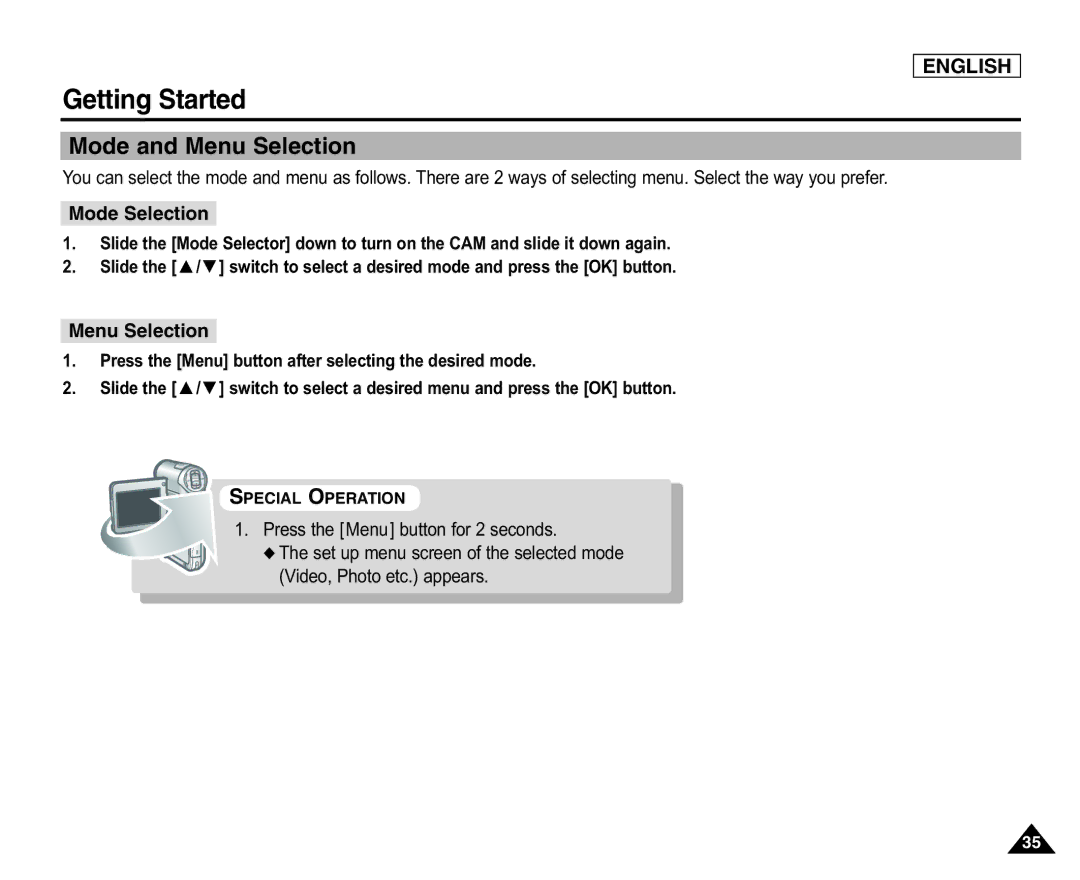 Samsung SC-X105(L), X110(L) manual Mode and Menu Selection, Mode Selection, Press the Menu button for 2 seconds 