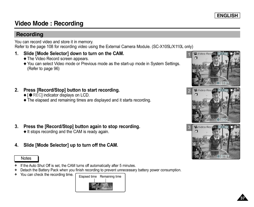 Samsung SC-X105(L), X110(L) manual Video Mode Recording, You can record video and store it in memory 