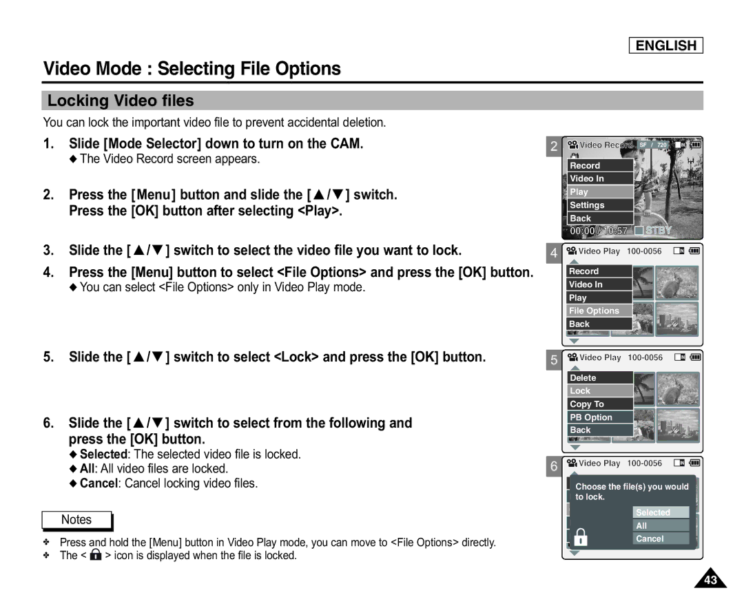 Samsung SC-X105(L), X110(L) manual Locking Video files, Press the Menu button and slide the / switch, Press the OK button 