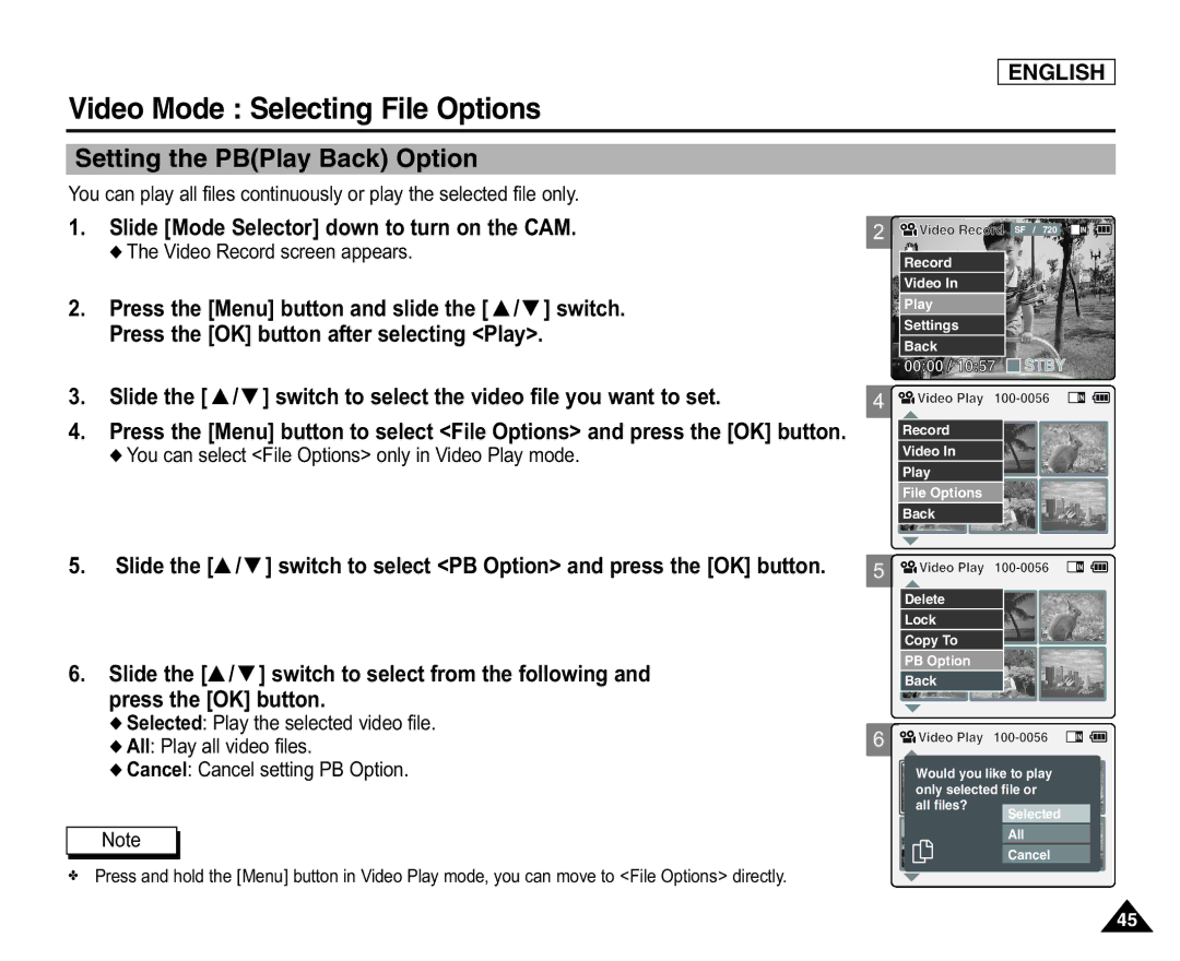 Samsung SC-X105(L) manual Setting the PBPlay Back Option, Selected Play the selected video file, All Play all video files 