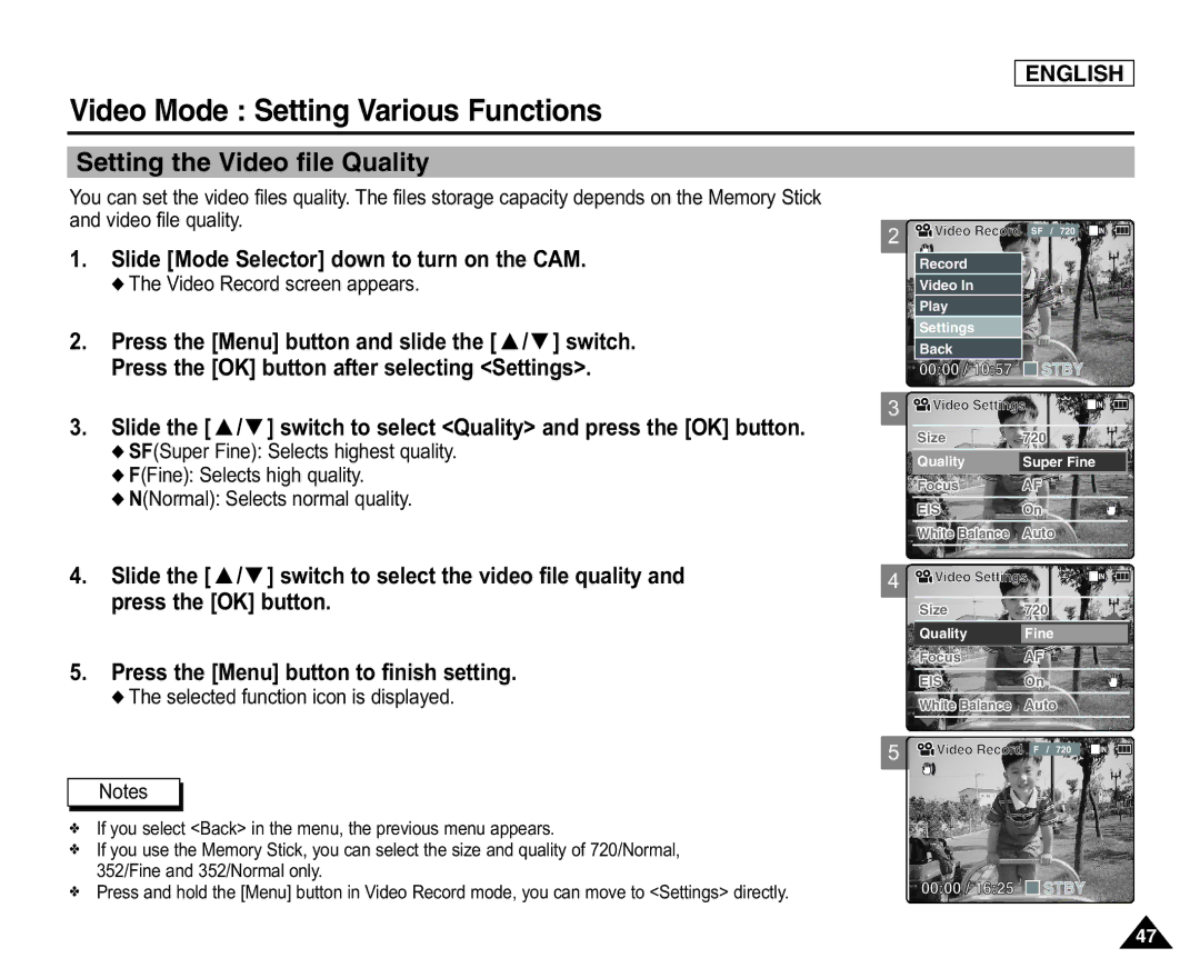 Samsung SC-X105(L), X110(L) Setting the Video file Quality, Slide the / switch to select Quality and press the OK button 