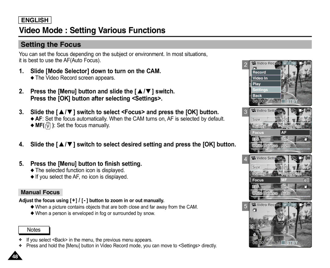 Samsung X110(L) Setting the Focus, Slide the / switch to select Focus and press the OK button, MF Set the focus manually 