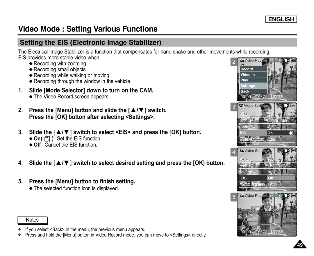 Samsung SC-X105(L), X110(L) manual Setting the EIS Electronic Image Stabilizer, Recording with zooming 