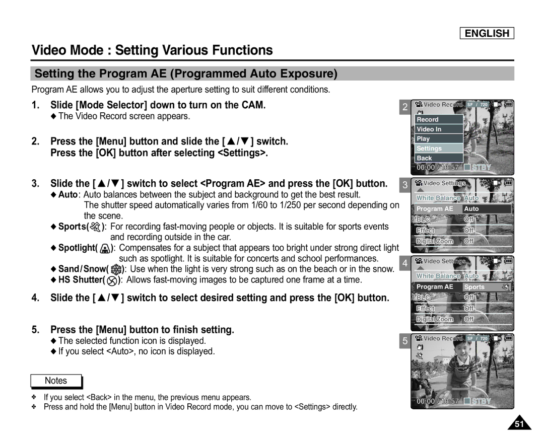 Samsung SC-X105(L), X110(L) manual Setting the Program AE Programmed Auto Exposure, Selected function icon is displayed 