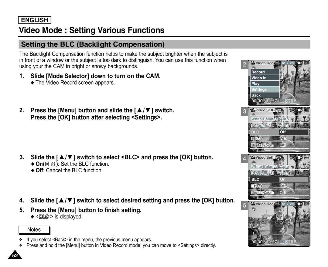 Samsung X110(L) Setting the BLC Backlight Compensation, On Set the BLC function Off Cancel the BLC function, Is displayed 