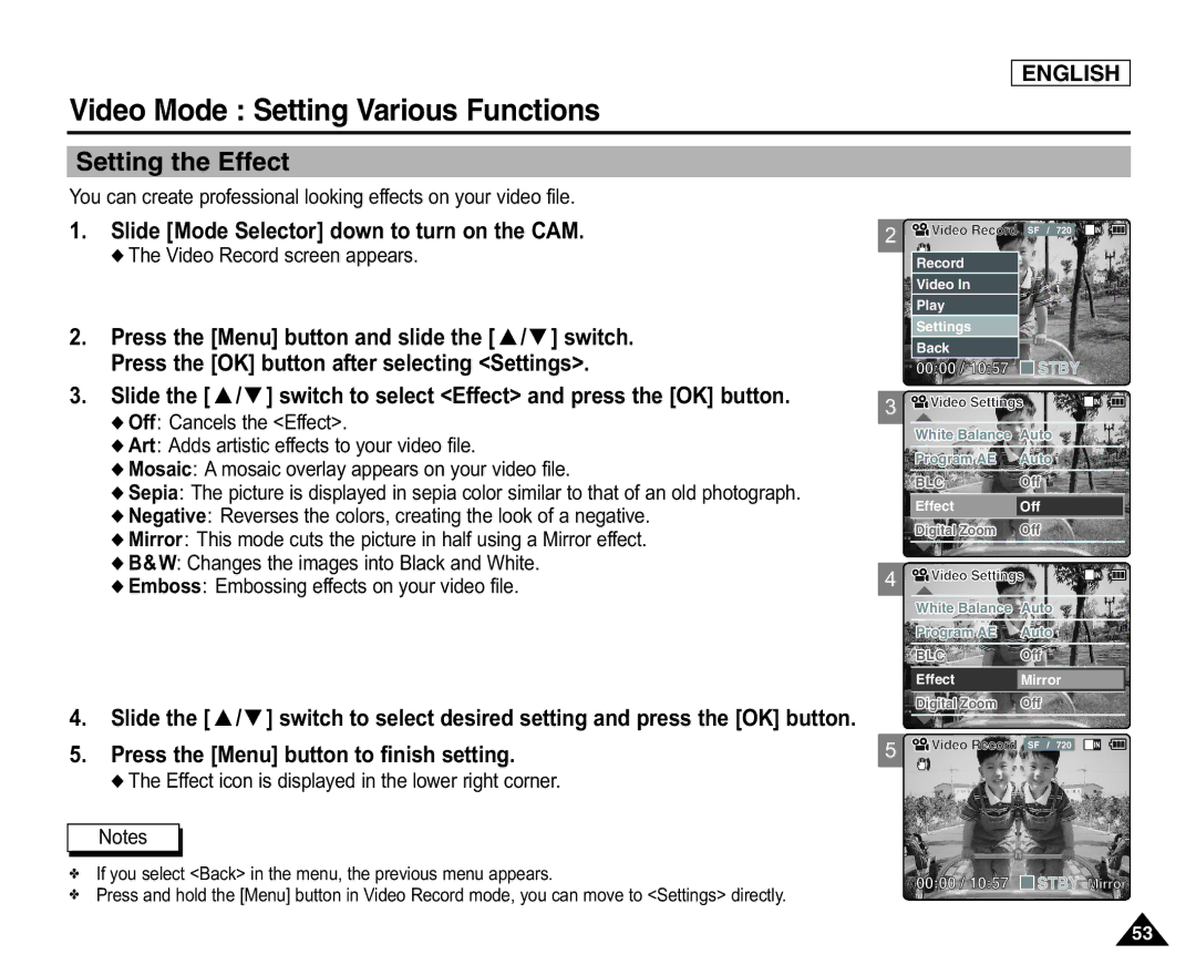 Samsung SC-X105(L), X110(L) manual Setting the Effect, Effect icon is displayed in the lower right corner 