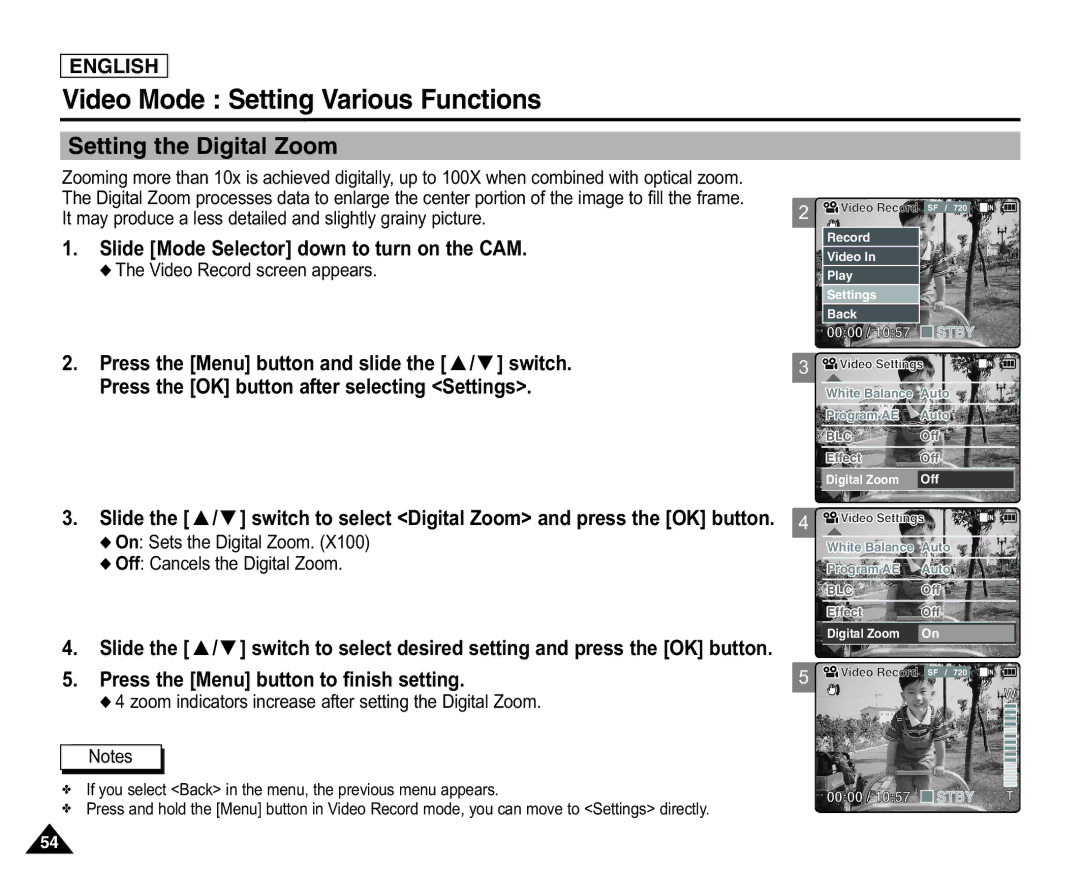 Samsung X110(L), SC-X105(L) manual Setting the Digital Zoom, On Sets the Digital Zoom Off Cancels the Digital Zoom 