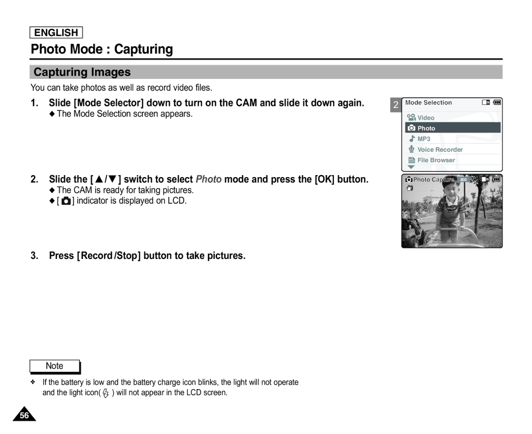 Samsung X110(L), SC-X105(L) manual Photo Mode Capturing, Capturing Images, Press Record/Stop button to take pictures 