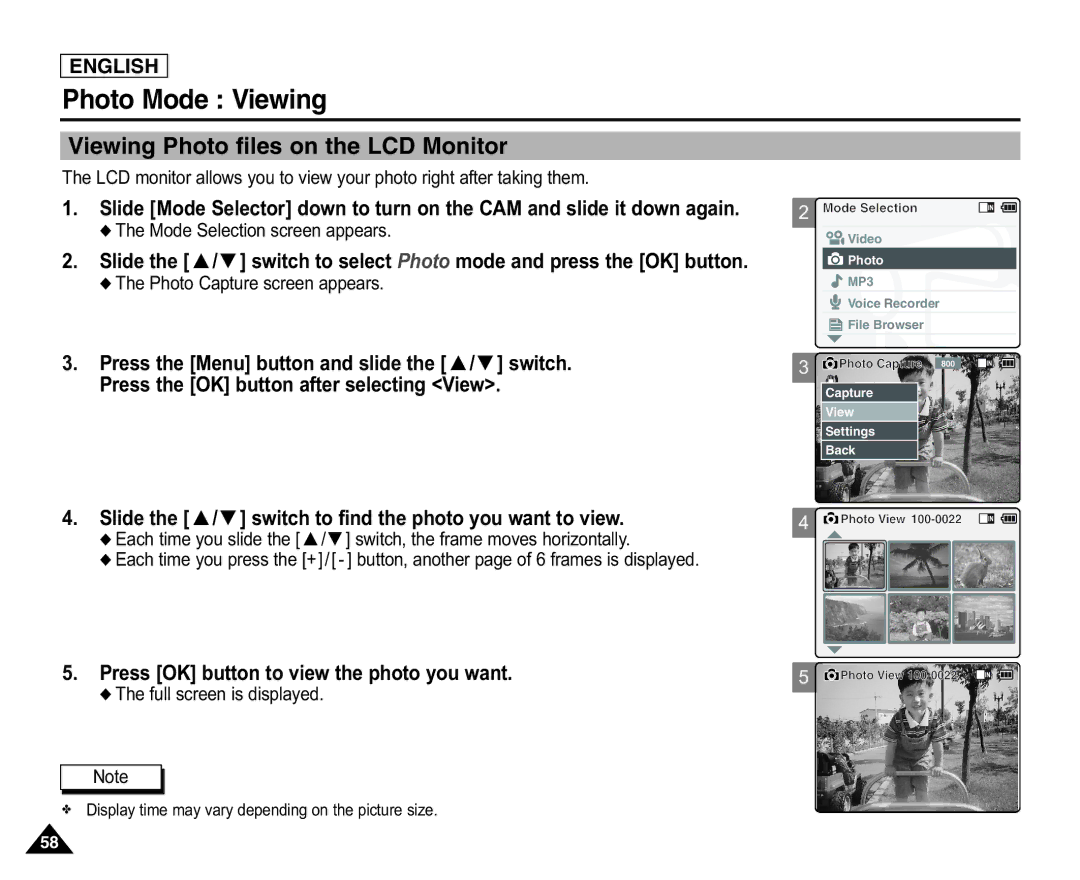 Samsung X110(L) Photo Mode Viewing, Viewing Photo files on the LCD Monitor, Press OK button to view the photo you want 