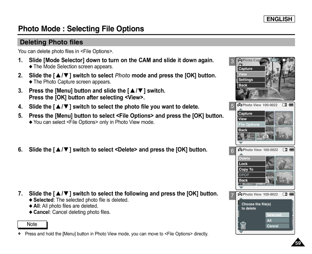 Samsung SC-X105(L) Photo Mode Selecting File Options, Deleting Photo files, You can delete photo files in File Options 