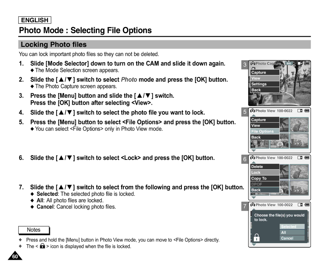 Samsung X110(L) manual Locking Photo files, Selected The selected photo file is locked, All All photo files are locked 