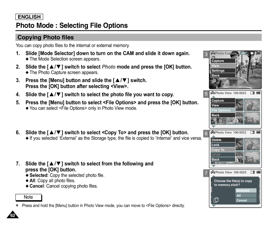 Samsung X110(L), SC-X105(L) manual Copying Photo files, Slide the / switch to select from the following, Press the OK button 