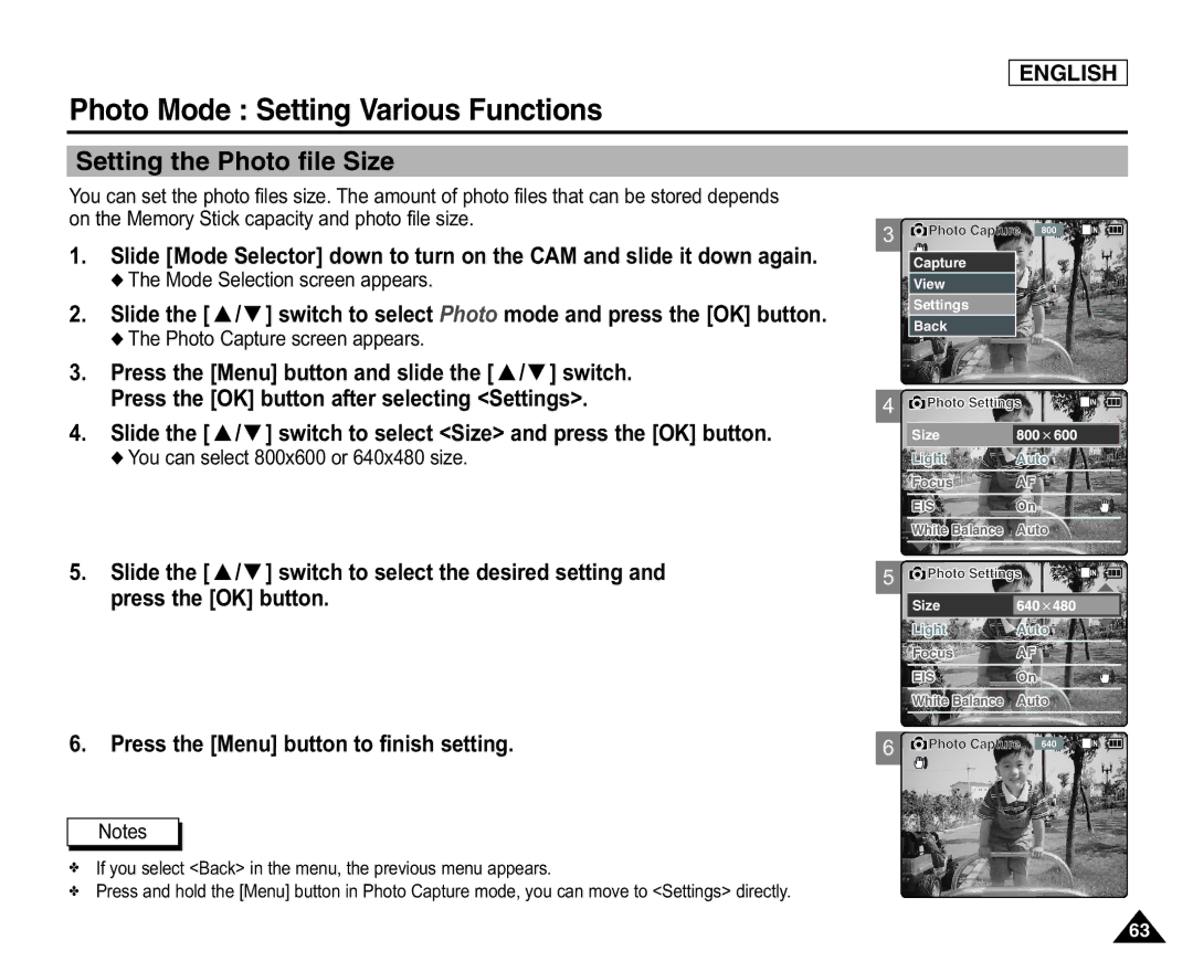 Samsung SC-X105(L), X110(L) manual Photo Mode Setting Various Functions, Setting the Photo file Size 