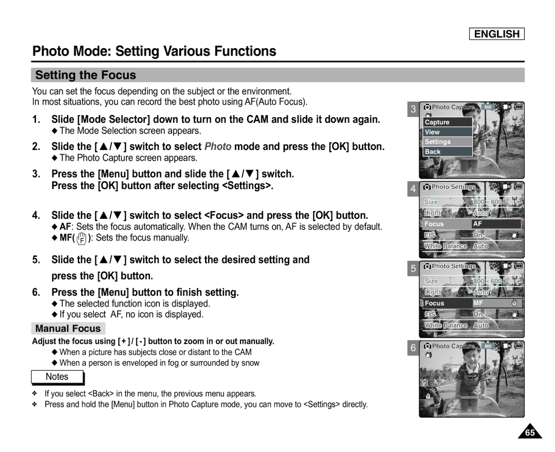 Samsung SC-X105(L), X110(L) Setting the Focus, MF Sets the focus manually 