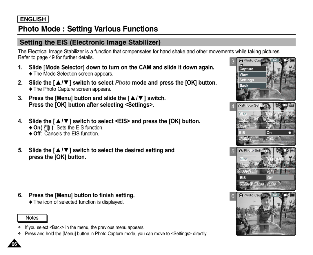 Samsung X110(L), SC-X105(L) On Sets the EIS function Off Cancels the EIS function, Icon of selected function is displayed 