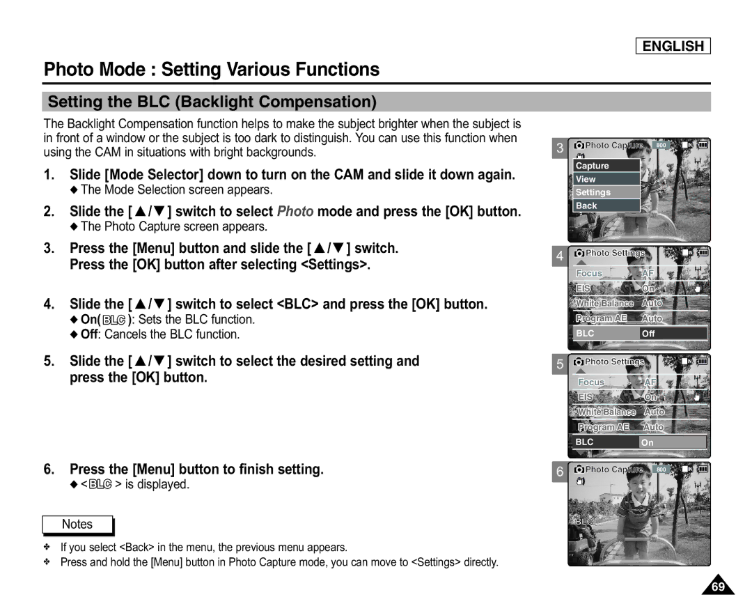 Samsung SC-X105(L), X110(L) Setting the BLC Backlight Compensation, On Sets the BLC function Off Cancels the BLC function 