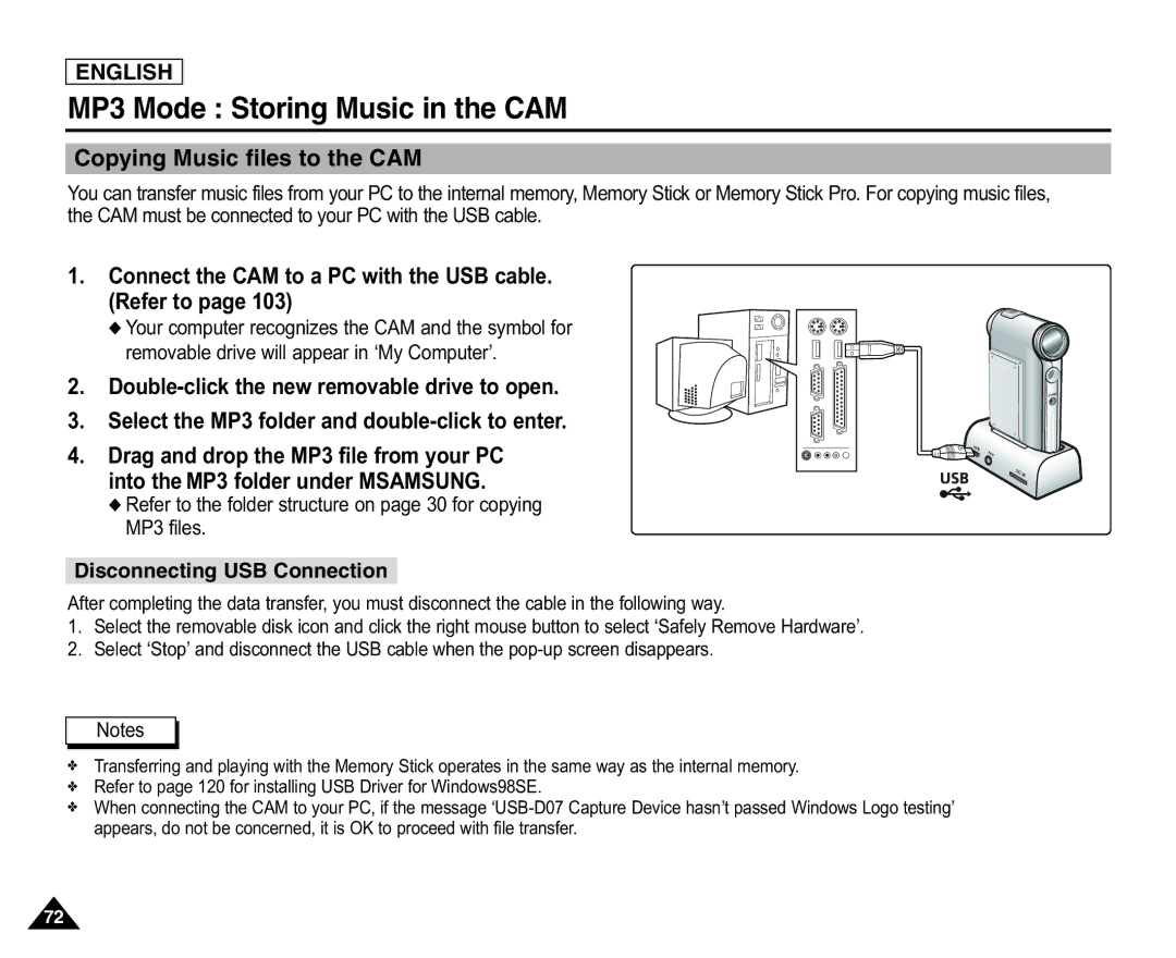 Samsung X110(L), SC-X105(L) manual MP3 Mode Storing Music in the CAM, Connect the CAM to a PC with the USB cable. Refer to 